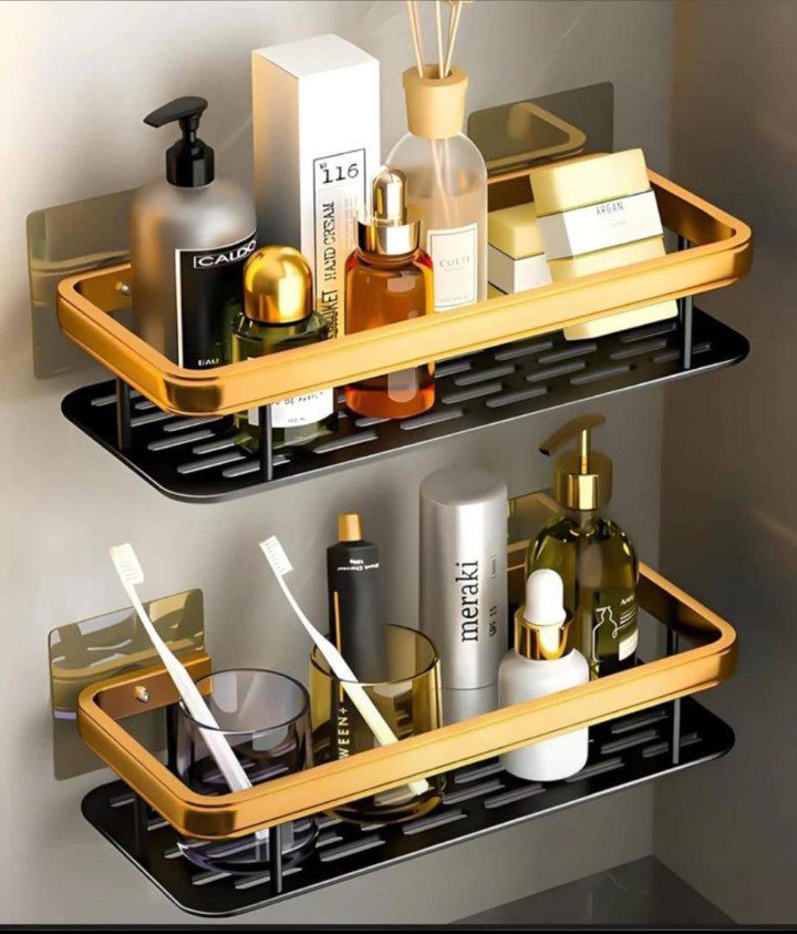 2-tier matte black and gold aluminum bathroom wall shelves